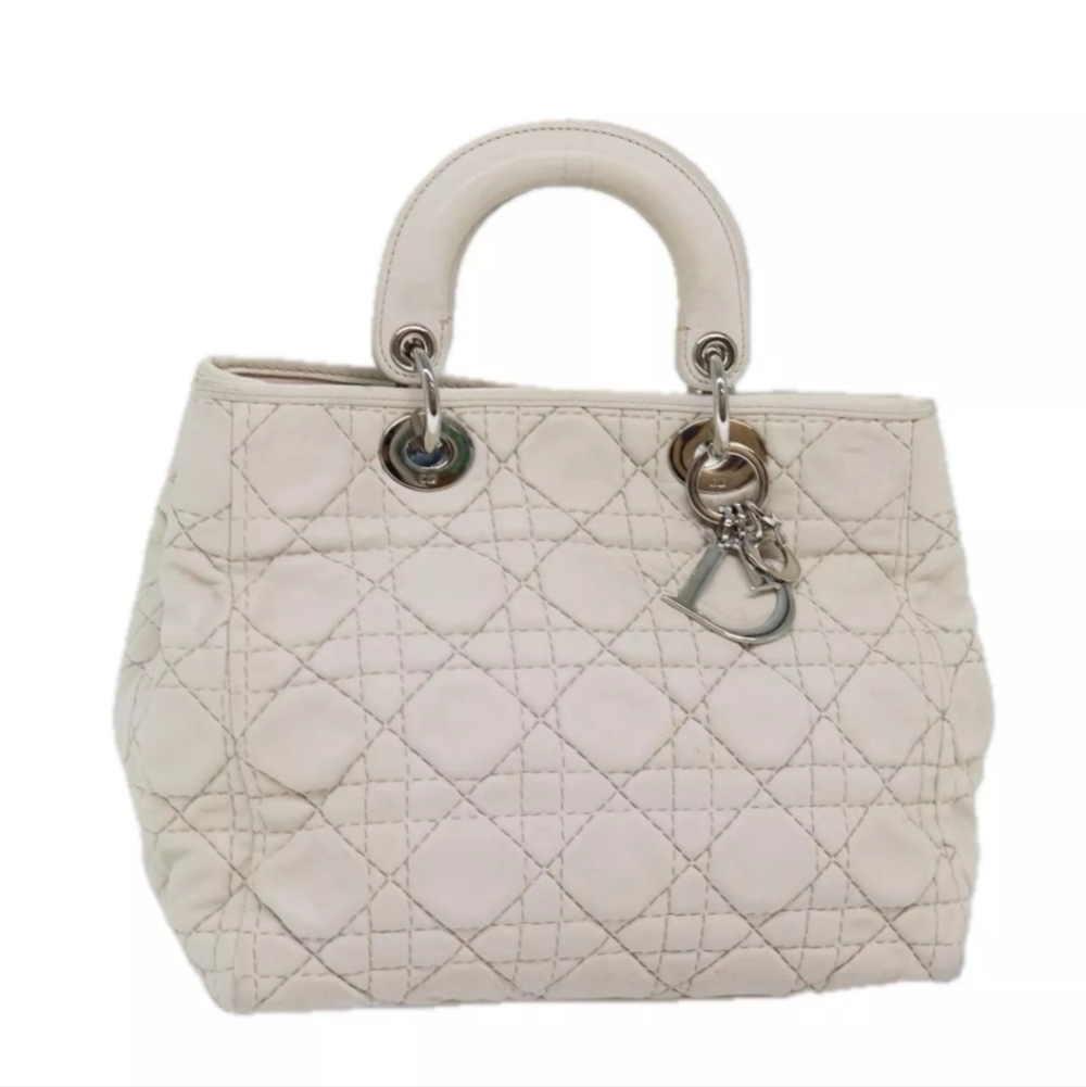 CHRISTIAN DIOR Lady Dior Cannage Cream/White Leather Hand Bag!